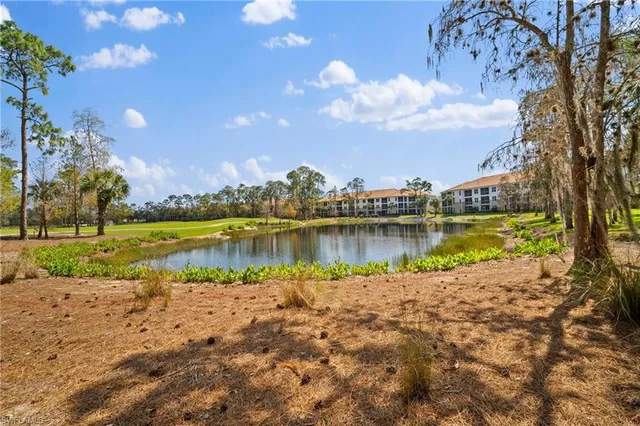 a view of a lake with houses in the back