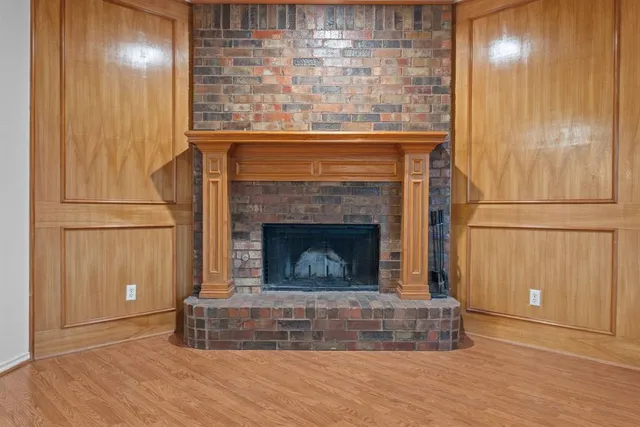 a living room with a fireplace