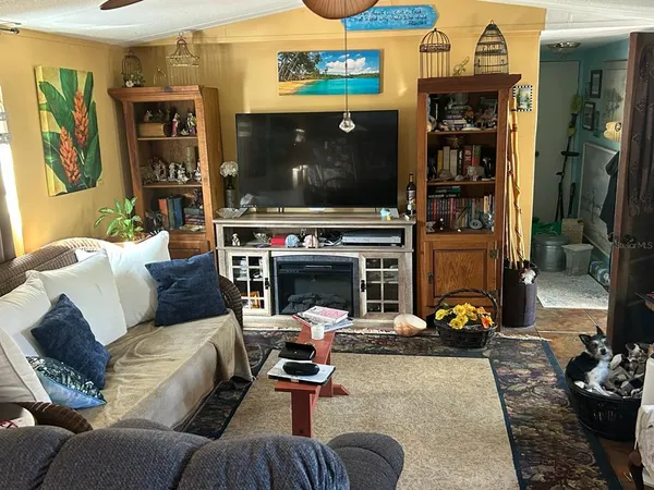 a living room with furniture a flat screen tv and a fireplace