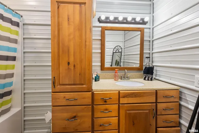 a bathroom with a sink and a mirror