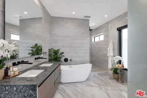 a bathroom with a granite countertop tub a sink and a potted plant