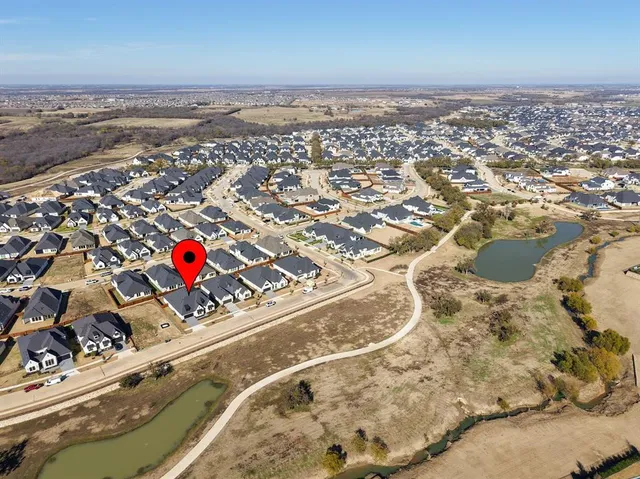 an aerial view of a pool