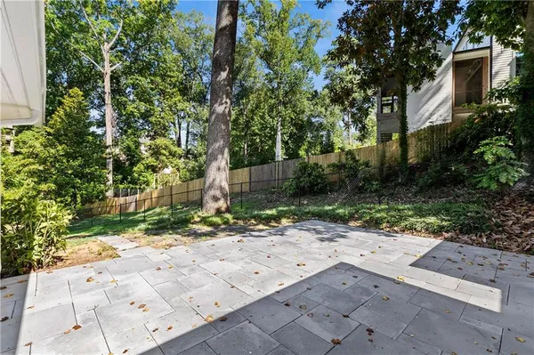 a view of a road with plants and large trees