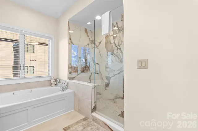 a bathroom with a bathtub and shower