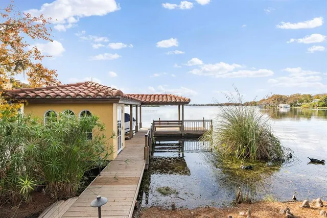 a view of a park with large trees