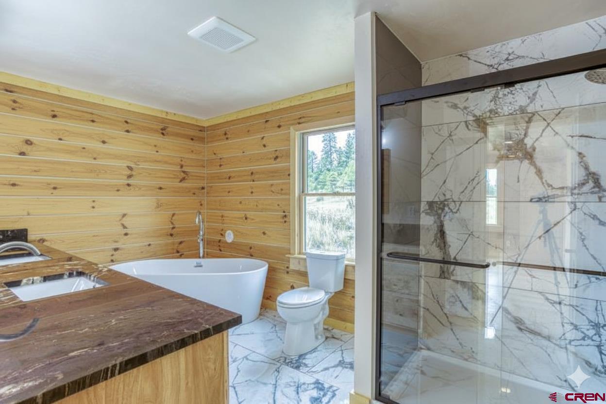 159 Snow Circle Pagosa Springs, CO 81147 - Photo 24 of 45 a bathroom with a granite countertop sink a toilet and shower