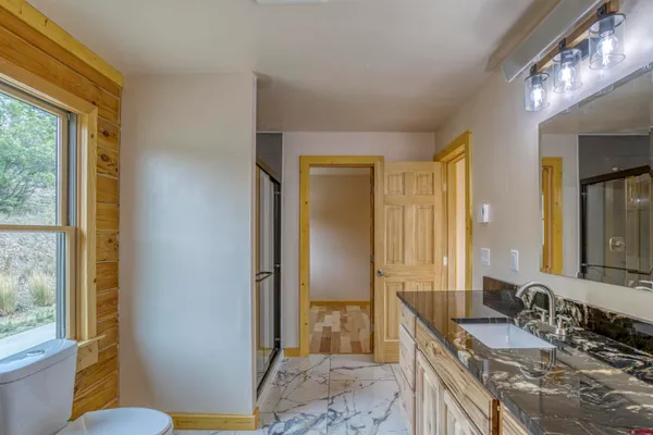 a bathroom with a granite countertop sink a mirror and a shower
