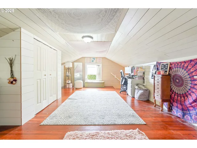 a garden view with a seating space