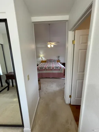 a hallway with windows