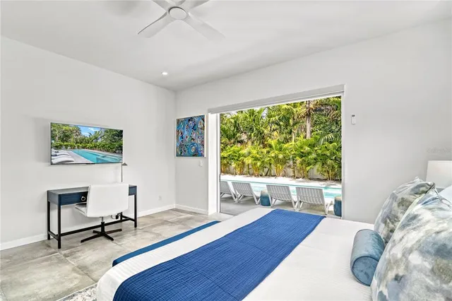 a bedroom with bed and a night stand