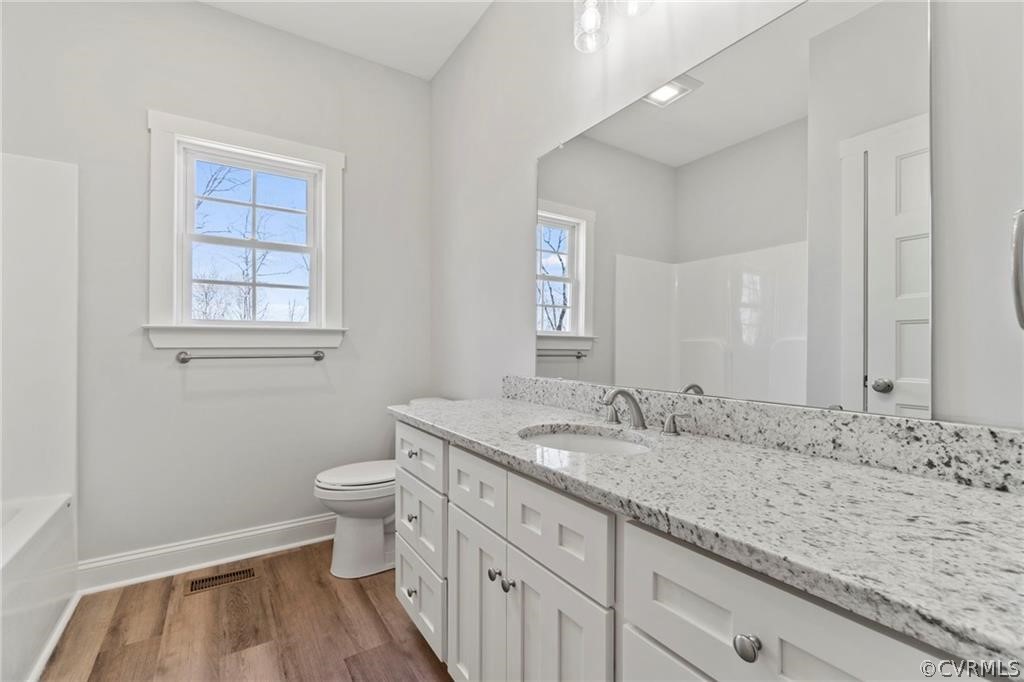 2148 Sandy Hook Road Goochland, VA 23063 - Photo 25 of 34 a bathroom with a granite countertop sink a toilet and a window