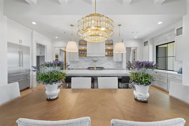 a kitchen with a potted plant and a view of living room