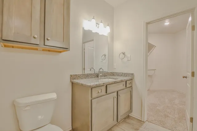 a bathroom with a granite countertop sink and a toilet