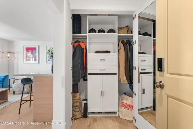a view of walk in closet with clothes and shoes