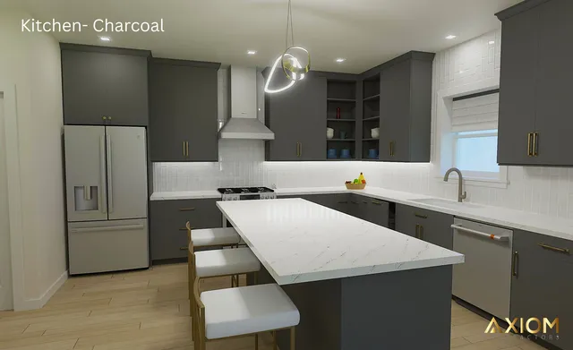 a kitchen with a sink a counter space and cabinets