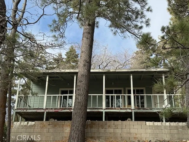 a view of a balcony with a potted plants and large tree