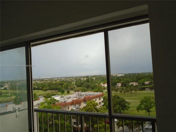 a view of a glass door with a from a window