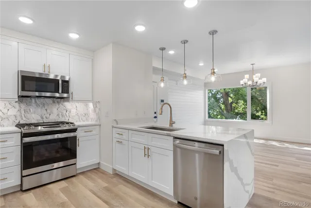 a kitchen with a sink and stainless steel appliances