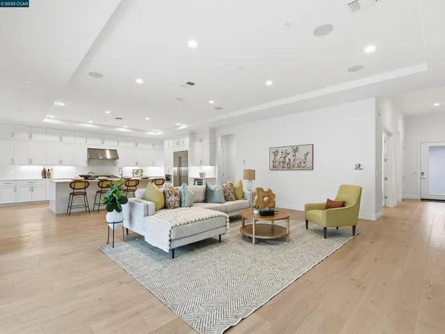 a living room with furniture a fireplace and a potted plant