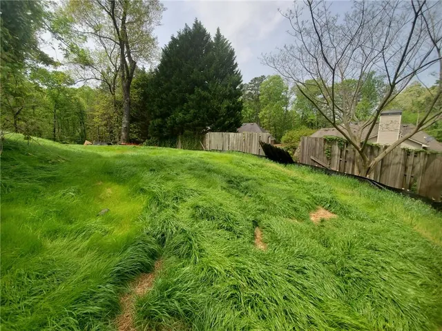 a view of a backyard with large trees