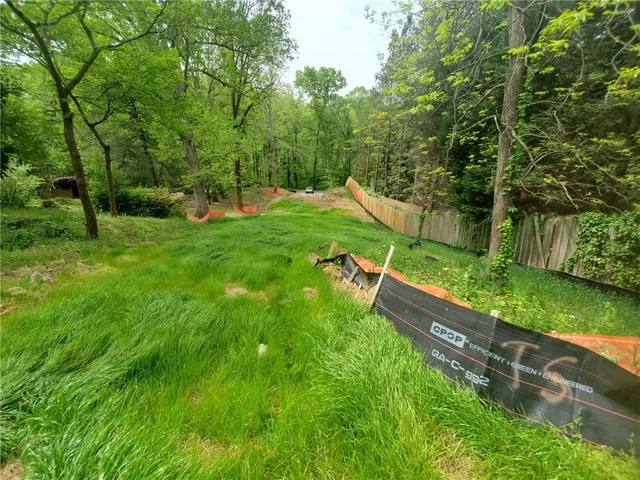 a view of a park with large trees