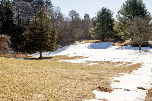 a view of yard covered with snow in front of house