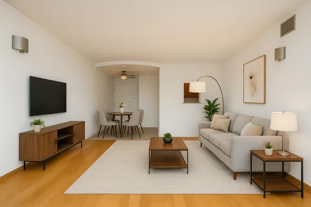 a view of a livingroom with furniture and a table in a room