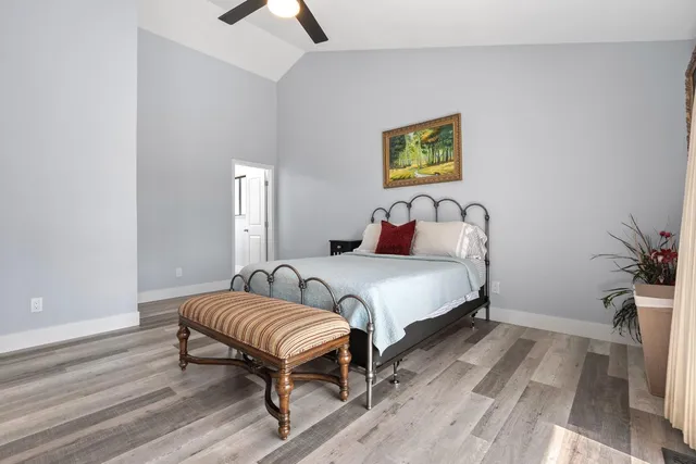 a bedroom with a bed and a potted plant