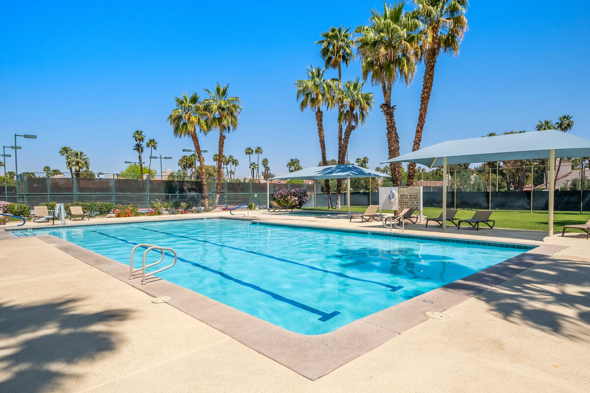722 Inverness Drive Rancho Mirage, CA 92270 - Photo 43 of 59 a view of a swimming pool with a lawn chairs under palm trees