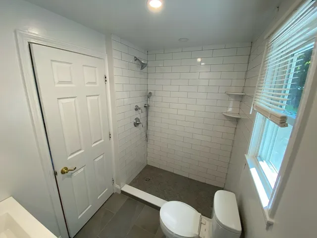 a bathroom with a shower and a toilet