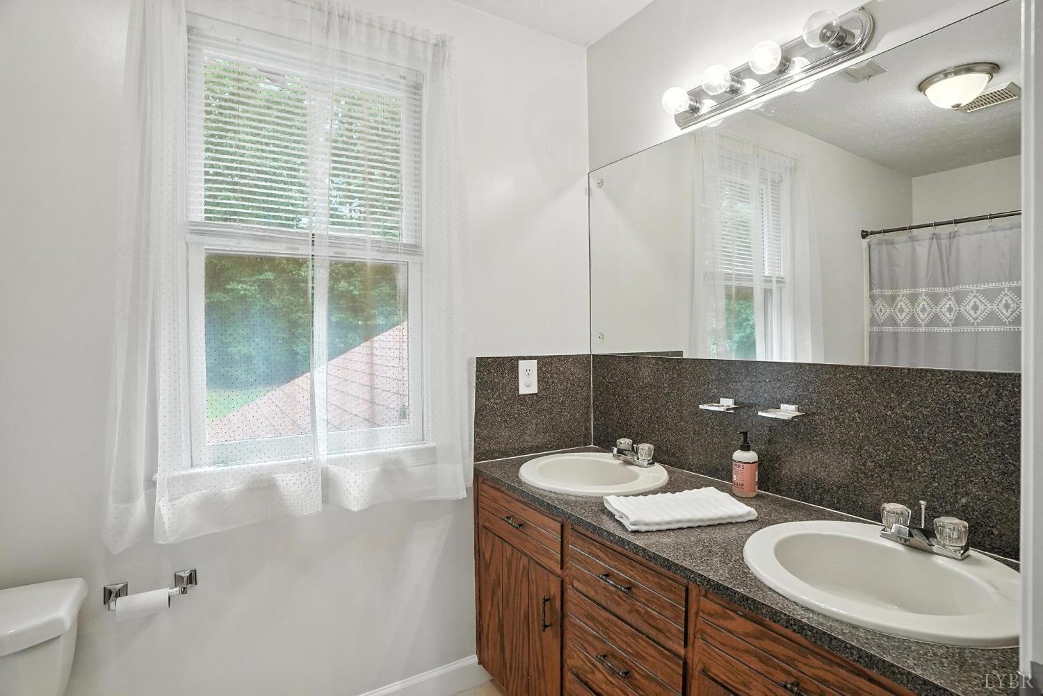 69 Gough Road Rustburg, VA 24588 - Photo 36 of 61 a bathroom with a granite countertop sink a mirror and a shower