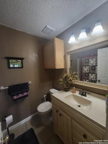 a bathroom with a sink a toilet and a mirror