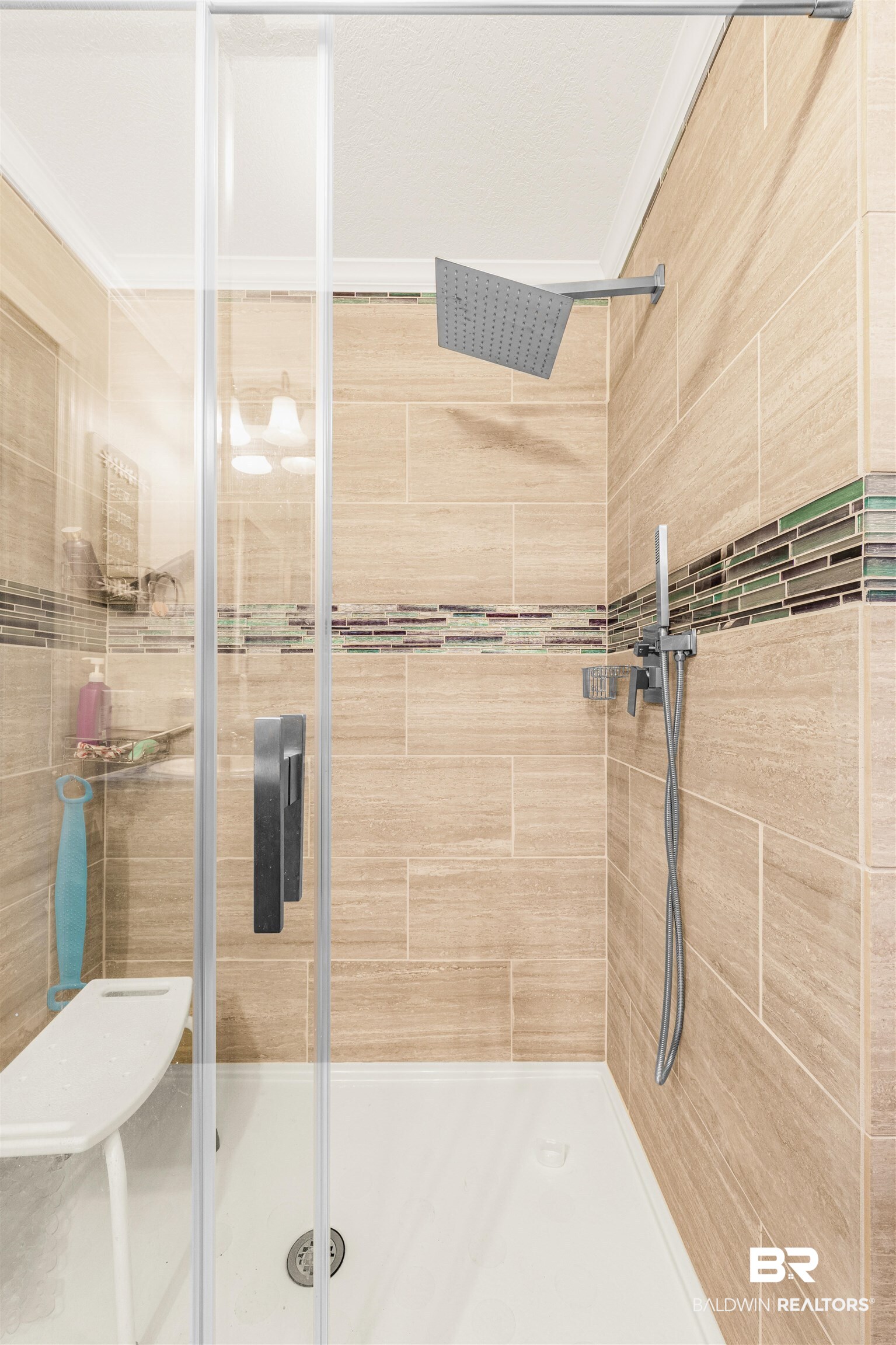 6921 Piney Woods Road Foley, AL 36535 - Photo 20 of 44 Bathroom with ornamental molding and an enclosed shower