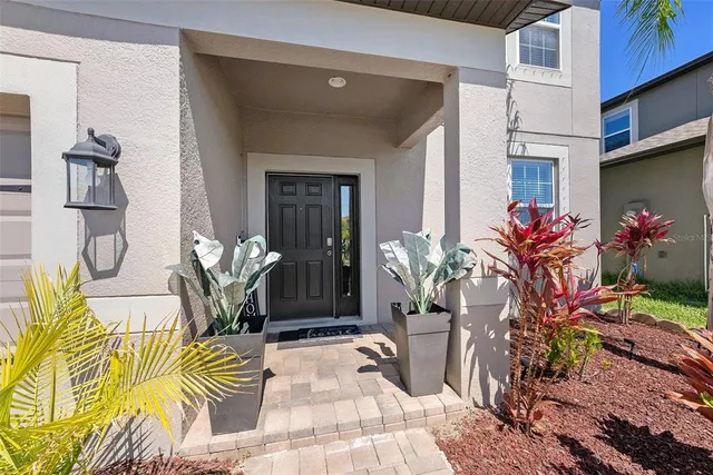 a potted plant sitting in front of a house