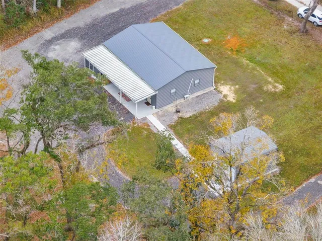 a view of a dry yard with trees