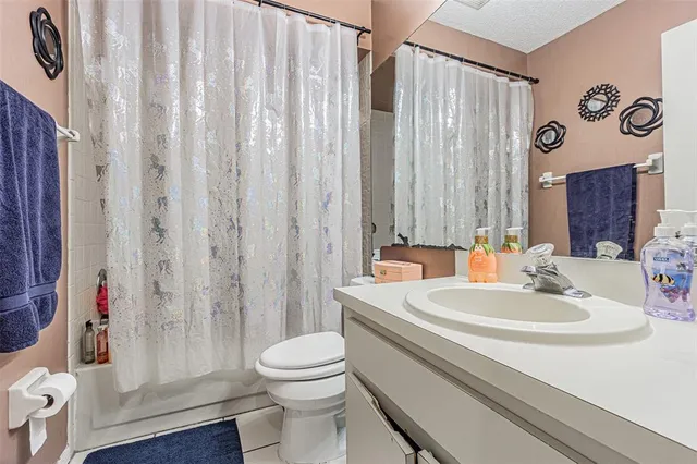 a bathroom with a sink a toilet and shower curtain