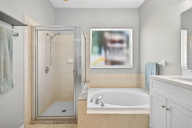 a bathroom with a tub sink shower and mirror