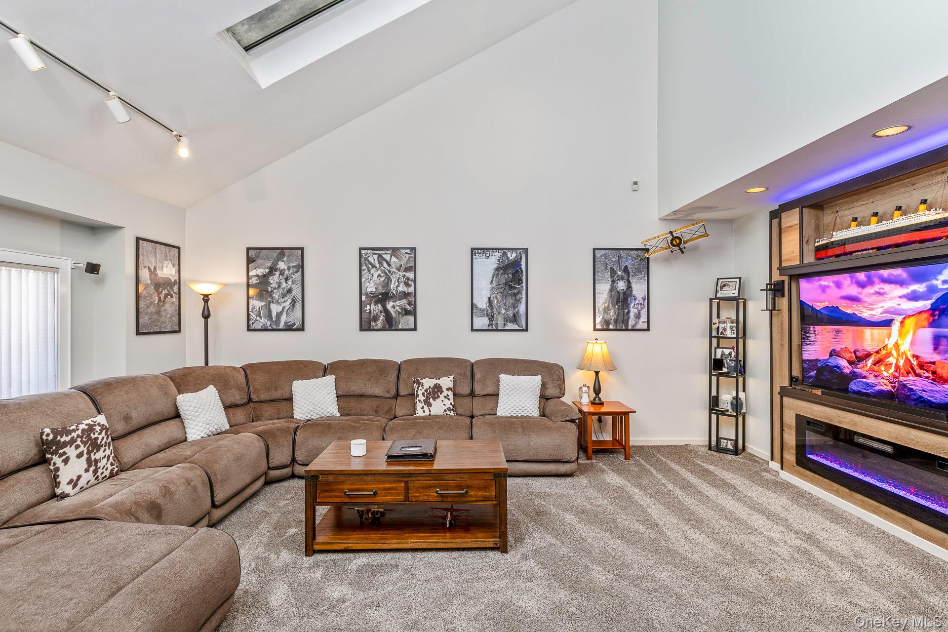 503 Wading River Road Manorville, NY 11949 - Photo 4 of 45 Living area featuring track lighting, carpet flooring, high vaulted ceiling, and a skylight