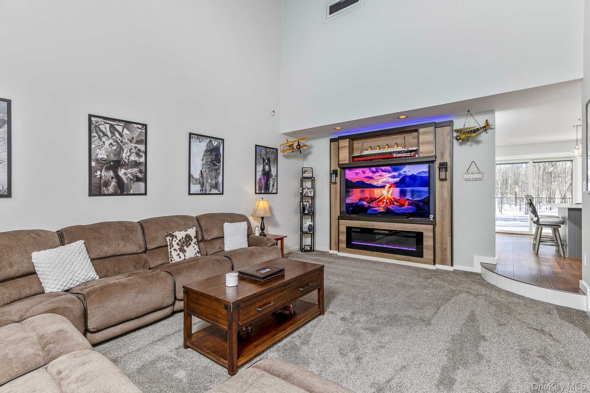 503 Wading River Road Manorville, NY 11949 - Photo 5 of 45 Living area with carpet floors, a towering ceiling, and a glass covered fireplace