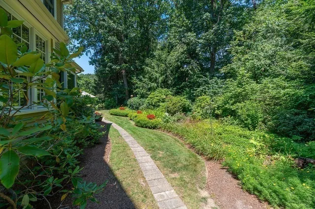 a view of a garden with pathway