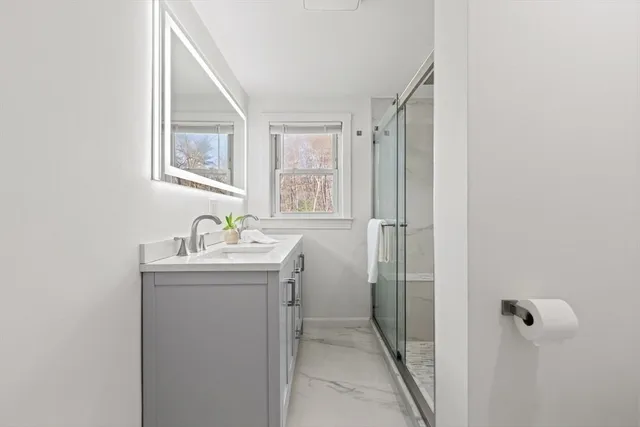 a bathroom with a granite countertop sink mirror and a shower
