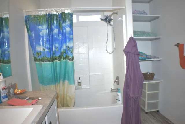 a bathroom with a shower and a tub