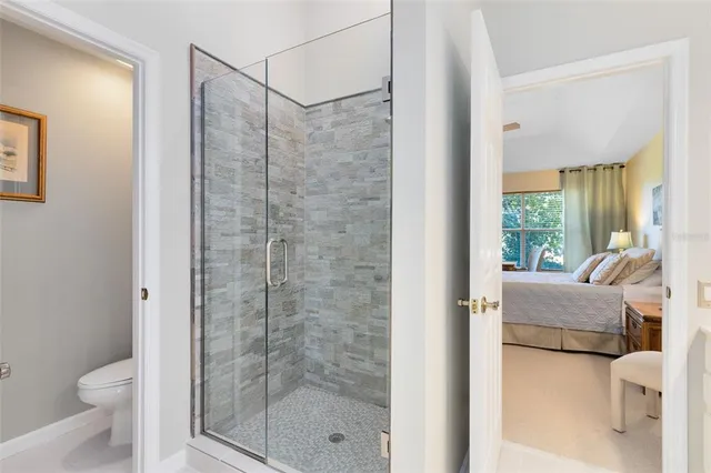 a bathroom with a shower and a toilet