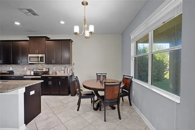 a view of a dining room with furniture window and outside view