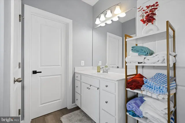 a bathroom with a sink vanity and a mirror
