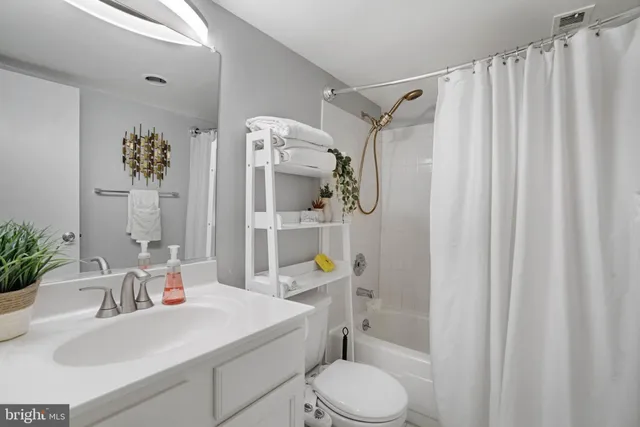 a bathroom with a sink a toilet and shower curtain