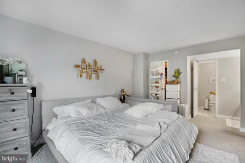 a bedroom with a bed and a closet