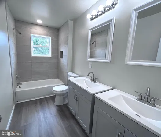 a bathroom with a toilet a sink a mirror a bathtub and vanity