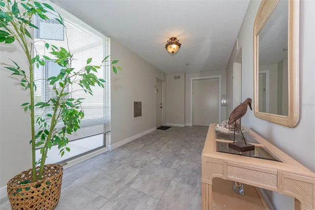 a view of a hallway with wooden floor and a potted plant