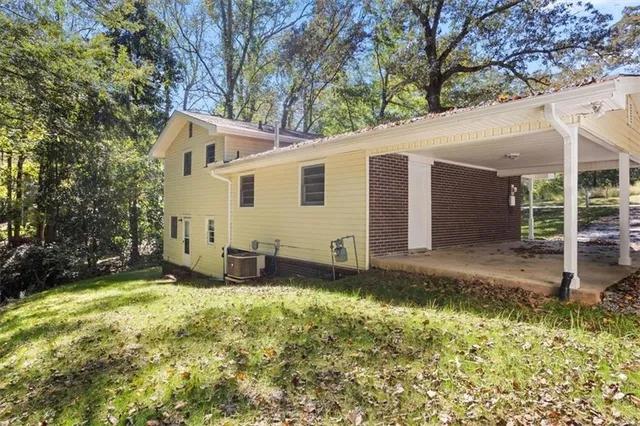 a view of a backyard with plants and large tree